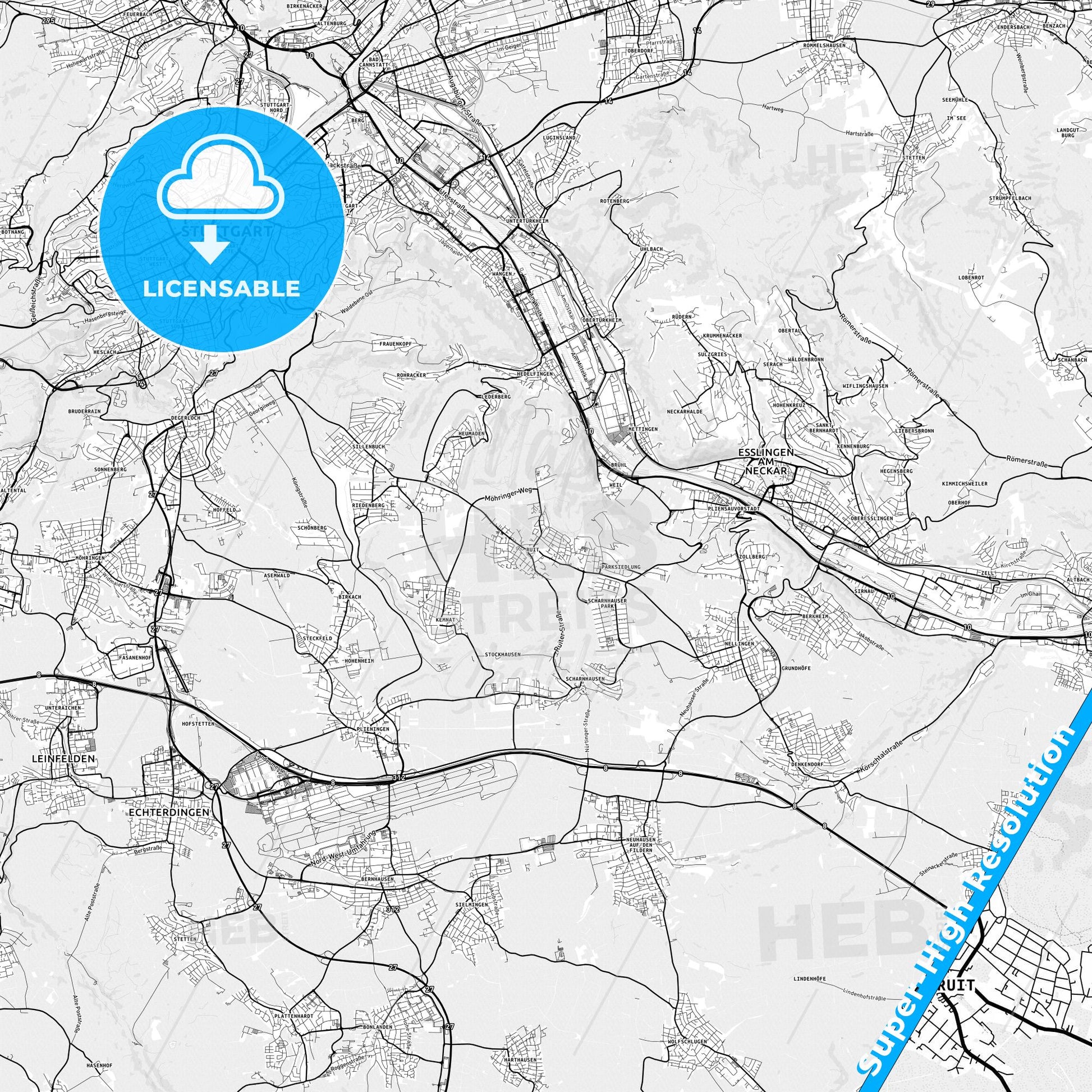 Ostfildern, Germany light map with streetnames, citynames and districts