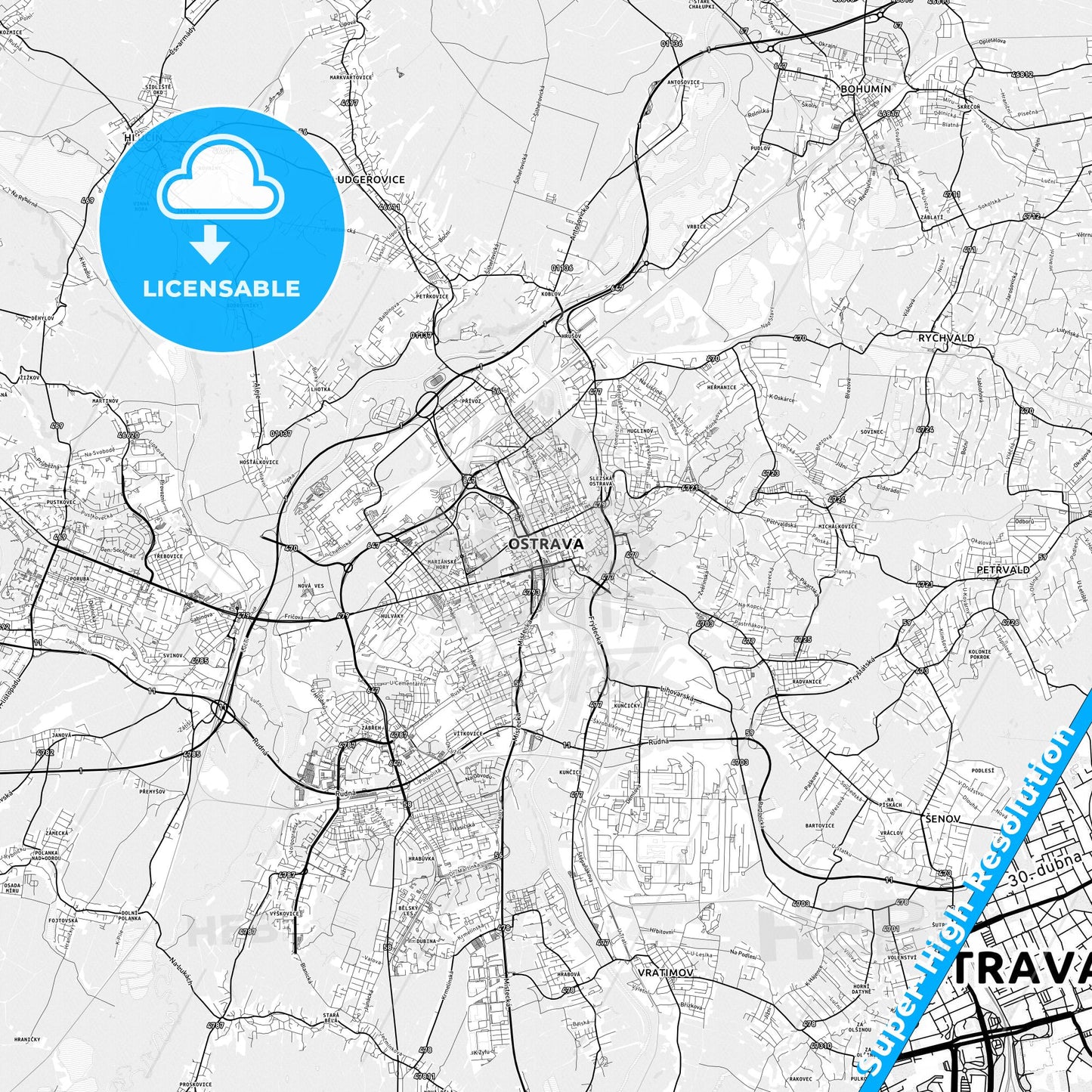 Ostrava, Czechia light map with streetnames, citynames and districts