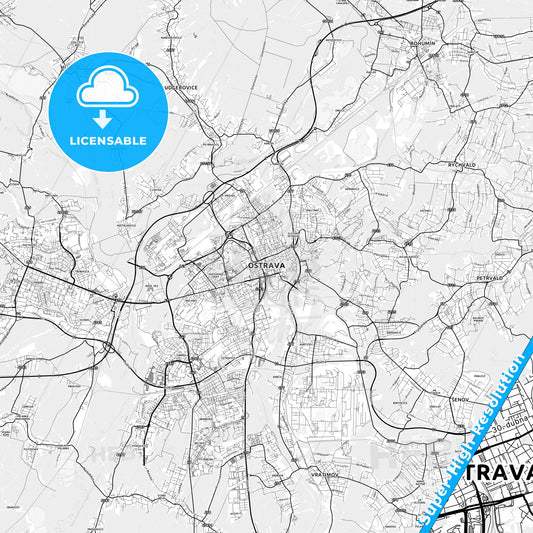 Ostrava, Czechia light map with streetnames, citynames and districts