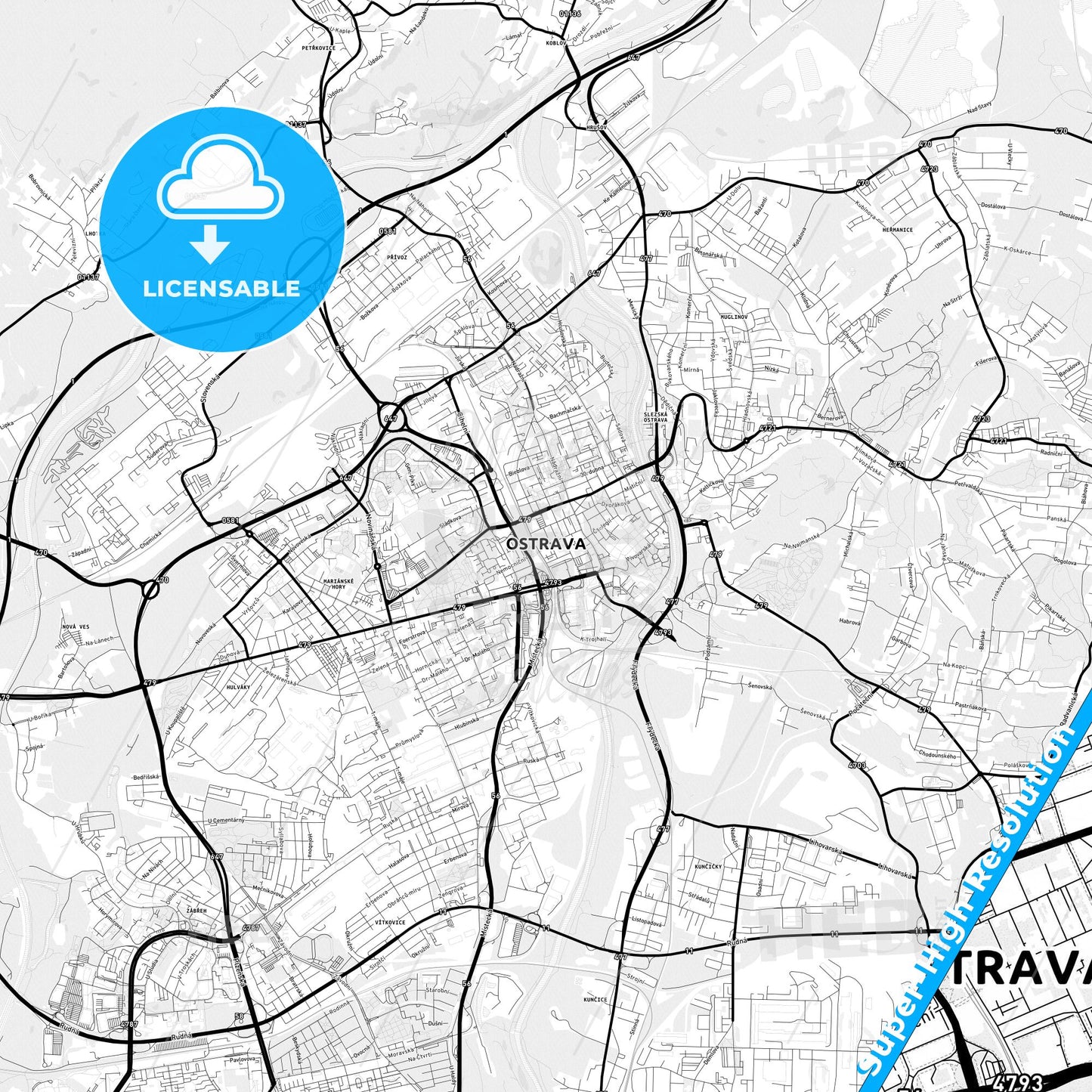 Ostrava, Czechia Light Map with Street Names, City Names, and Districts