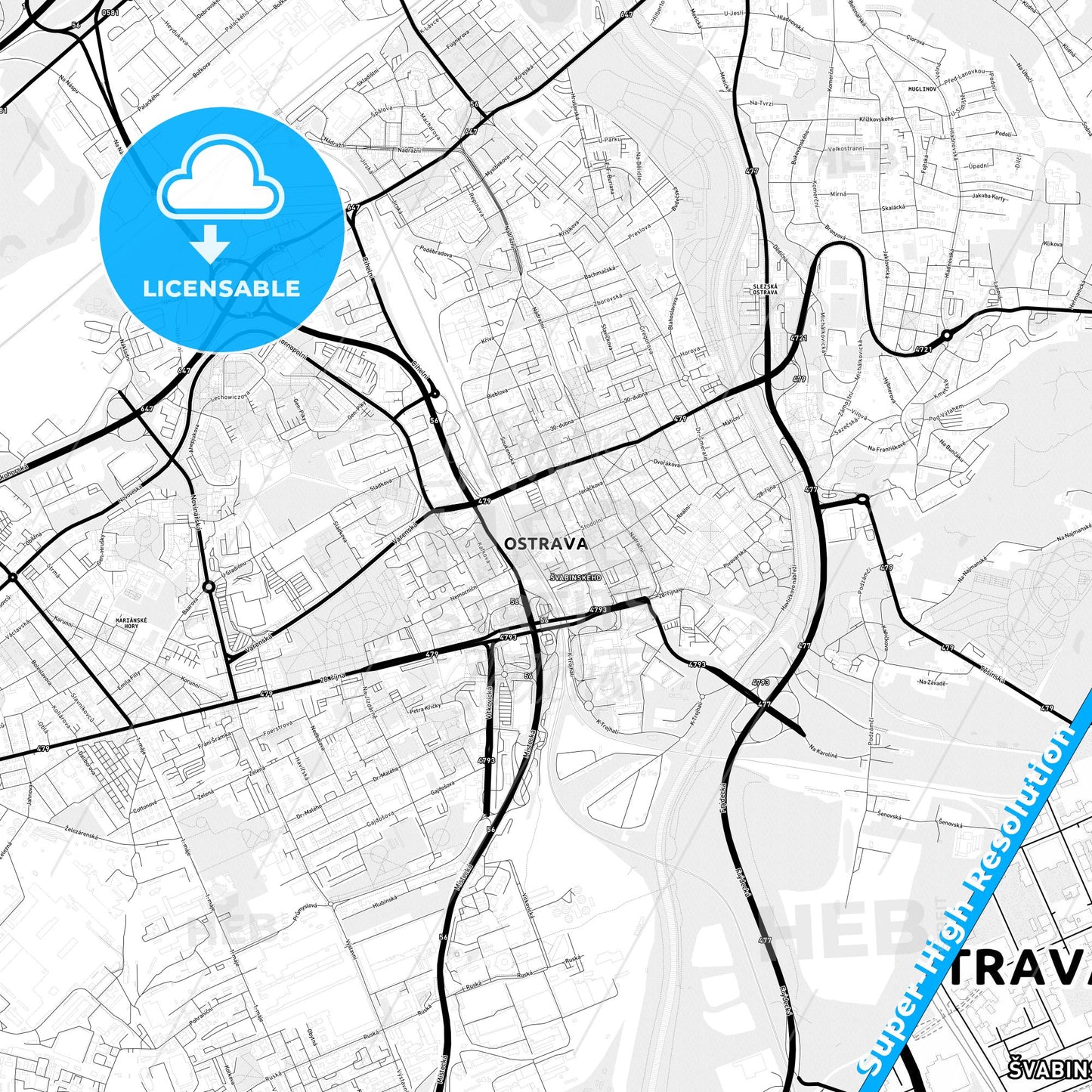 Ostrava, Czechia Light Map with Street Names, City Names, and Districts