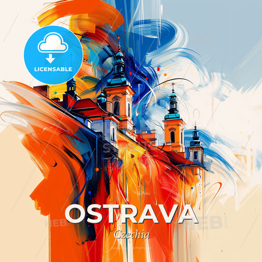 Vibrant Ostrava, Czechia - A Painting Of A Building With Towers And A Blue Sky - Square format print template