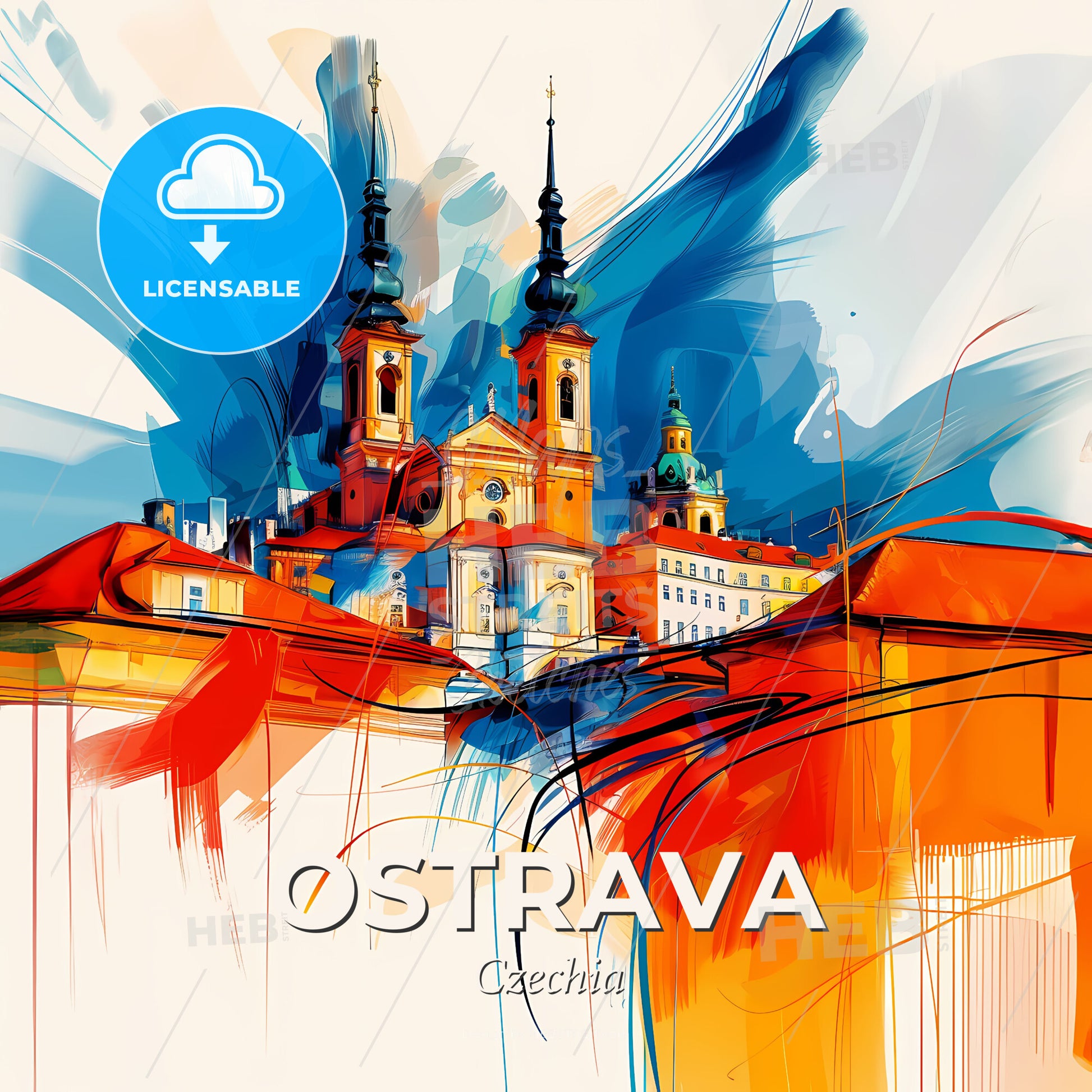 Vibrant Ostrava, Czechia - A Painting Of A Building With Towers - Square format print template
