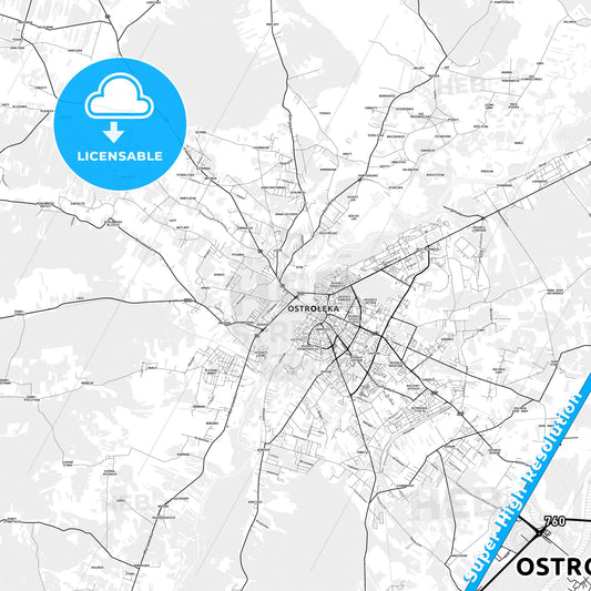 Ostrołęka, Poland light map with streetnames, citynames and districts