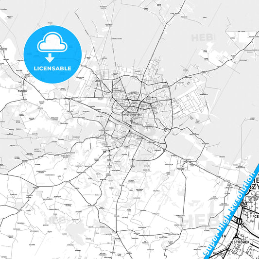 Ostrowiec Świętokrzyski, Poland light map with streetnames, citynames and districts