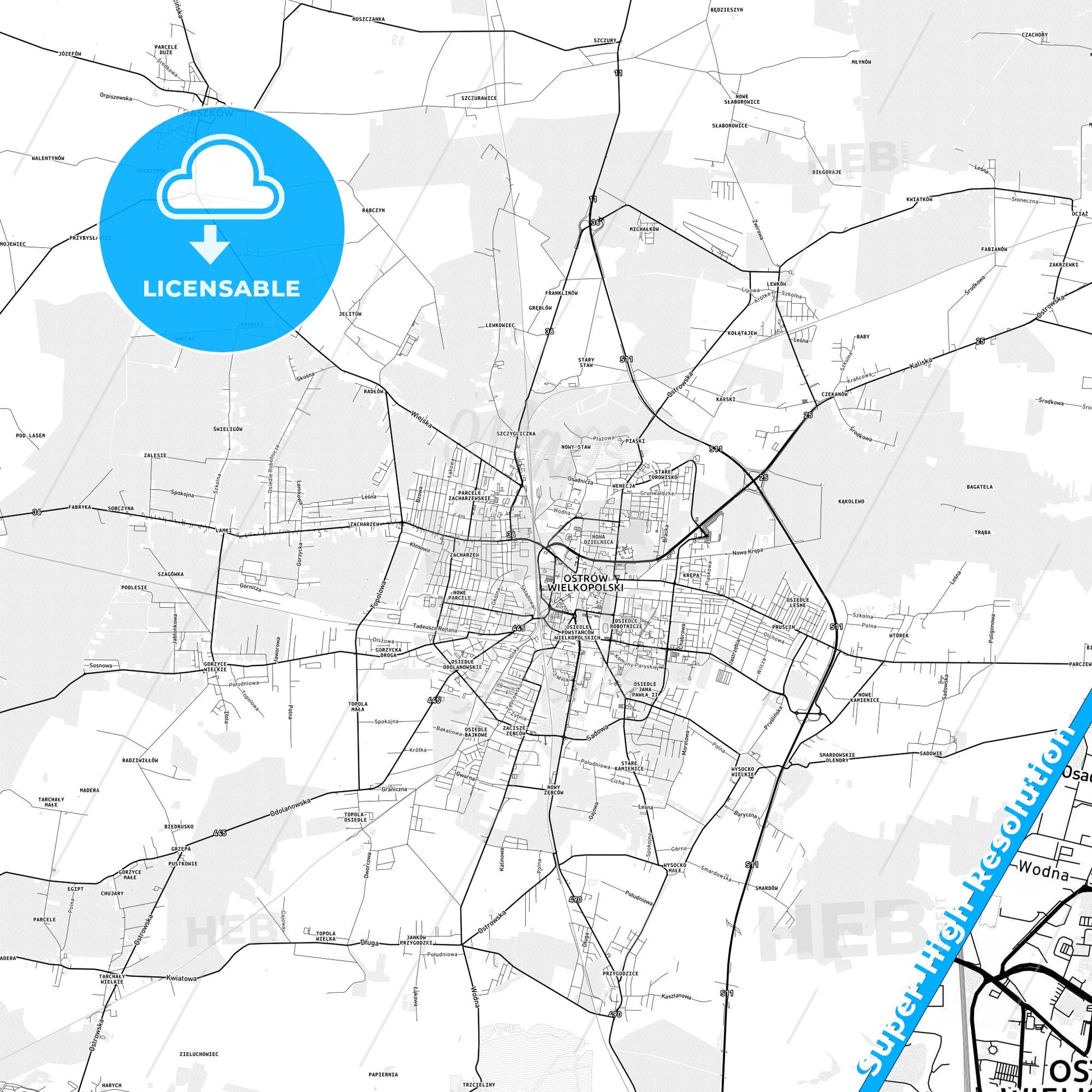 Ostrów Wielkopolski, Poland light map with streetnames, citynames and districts