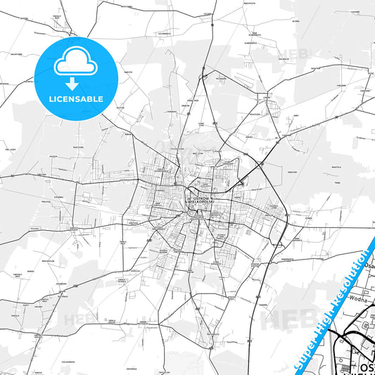 Ostrów Wielkopolski, Poland light map with streetnames, citynames and districts