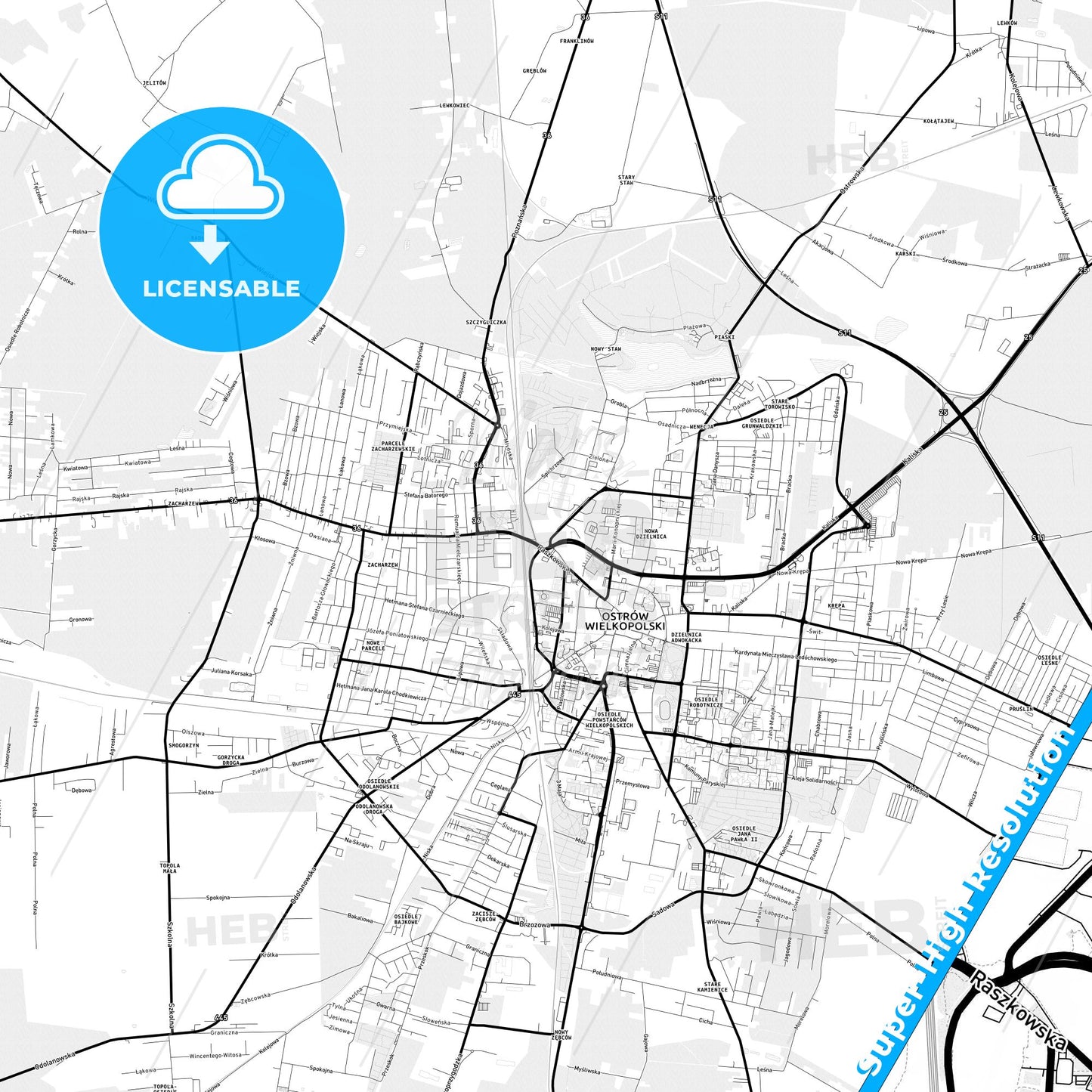 Ostrów Wielkopolski, Poland Light Map with Street Names, City Names, and Districts