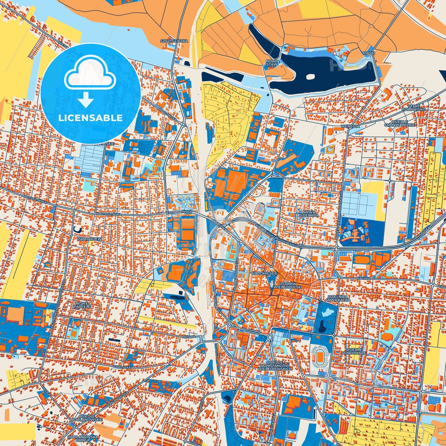 Colorful Ostrów Wielkopolski Street Map with Labels and Buildings