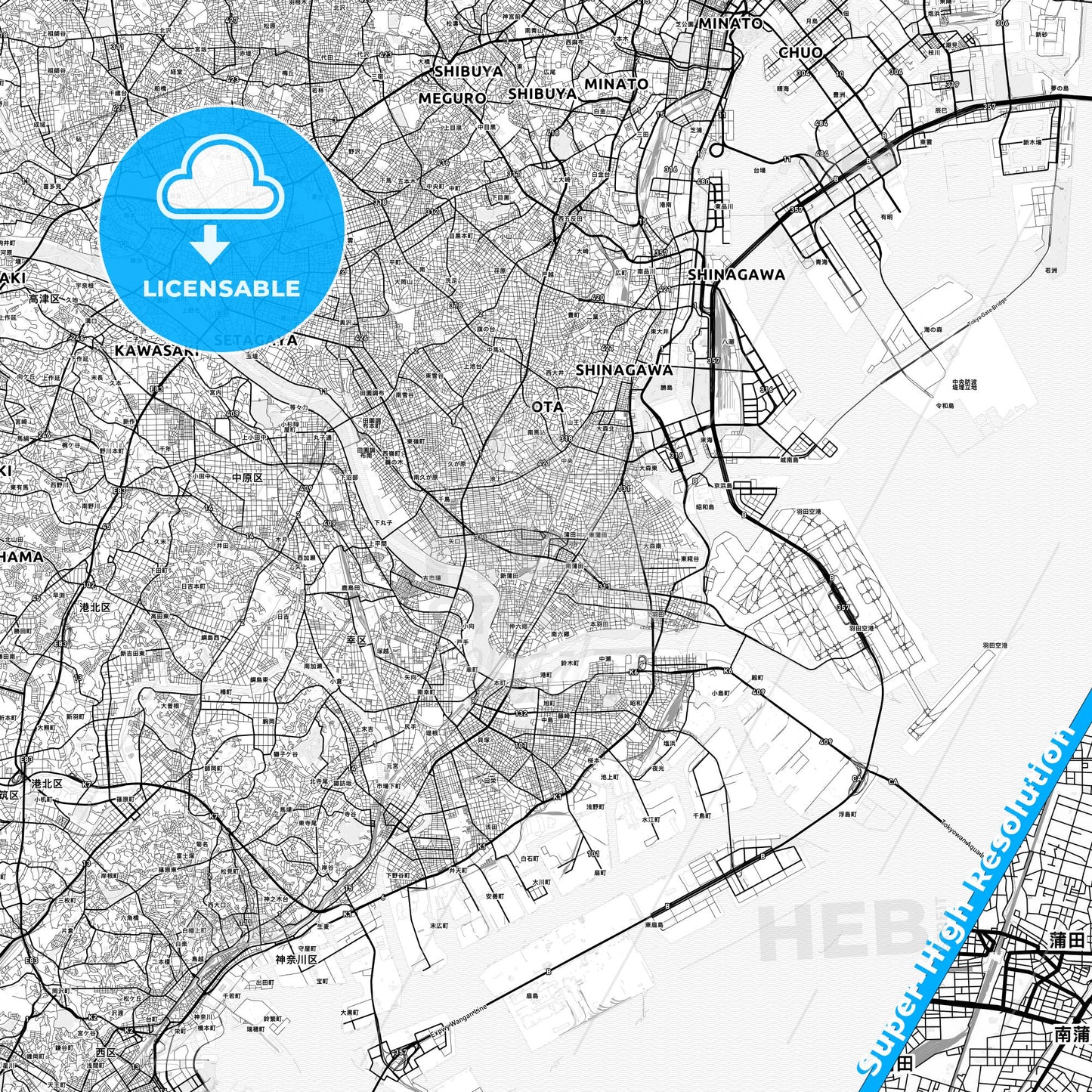 Ōta, Japan light map with streetnames, citynames and districts