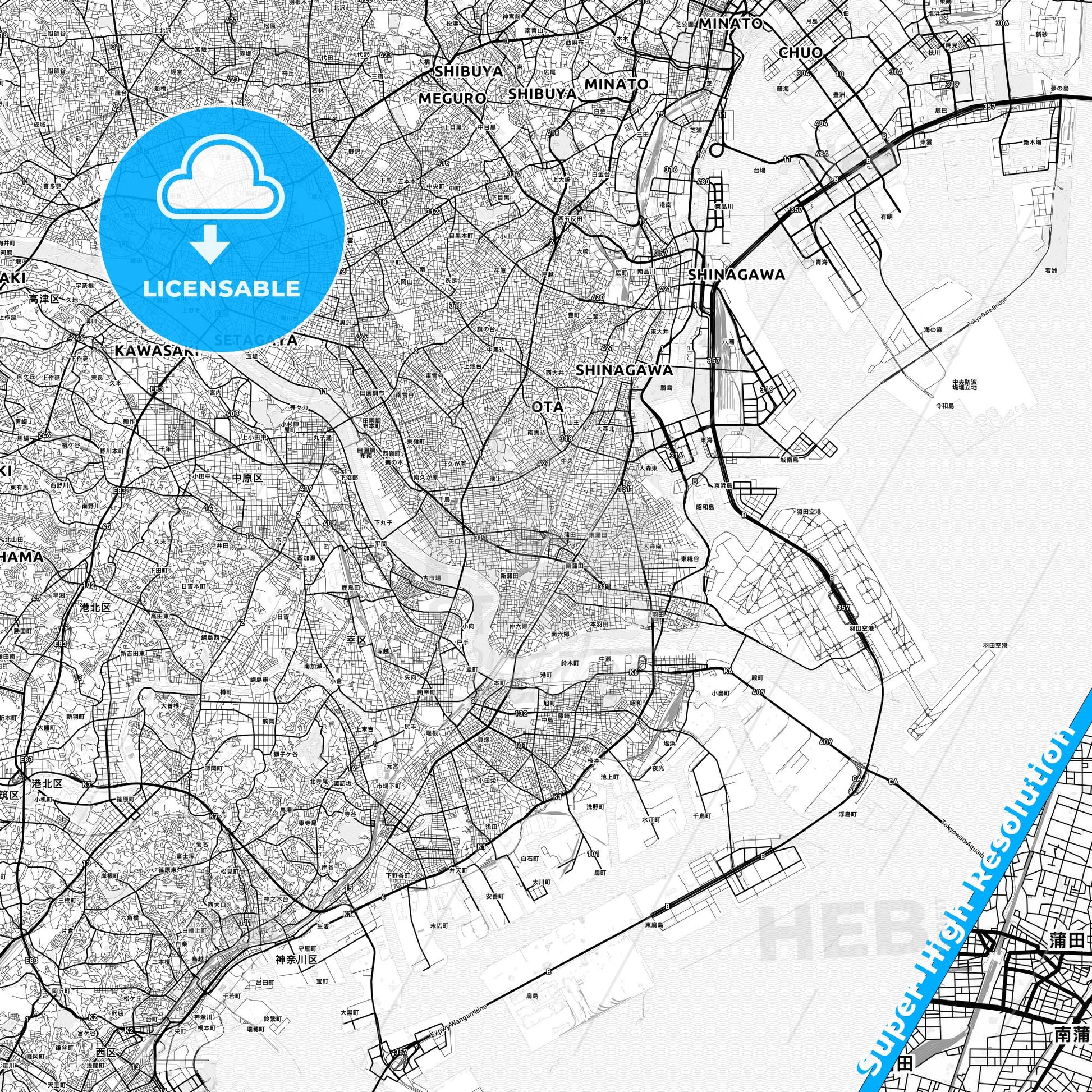 Ōta, Japan light map with streetnames, citynames and districts