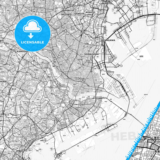 Ōta, Japan light map with streetnames, citynames and districts