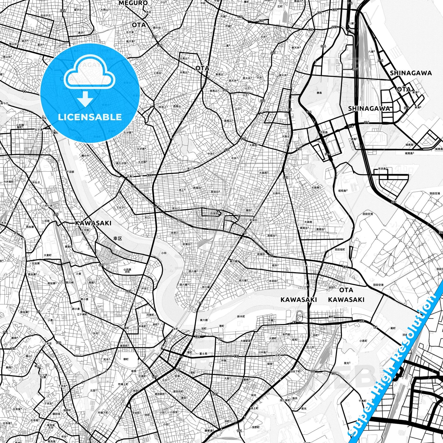 Ōta, Japan Light Map with Street Names, City Names, and Districts