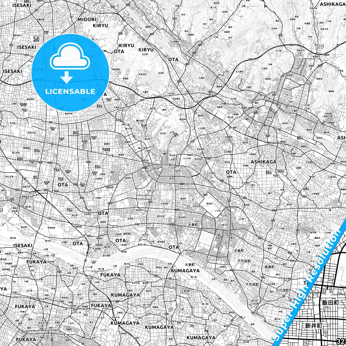 Ōta, Japan light map with streetnames, citynames and districts