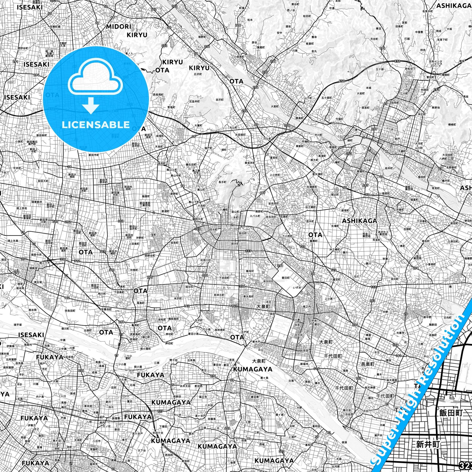 Ōta, Japan light map with streetnames, citynames and districts
