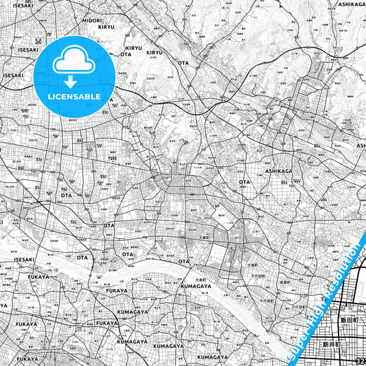 Ōta, Japan light map with streetnames, citynames and districts