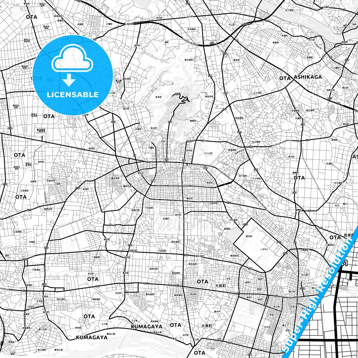 Ōta, Japan Light Map with Street Names, City Names, and Districts