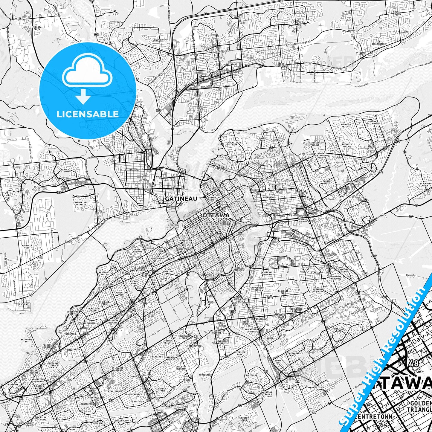Ottawa, Canada light map with streetnames, citynames and districts