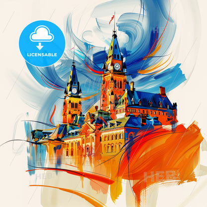 Vibrant Ottawa, Canada - A Painting Of A Building With A Clock Tower