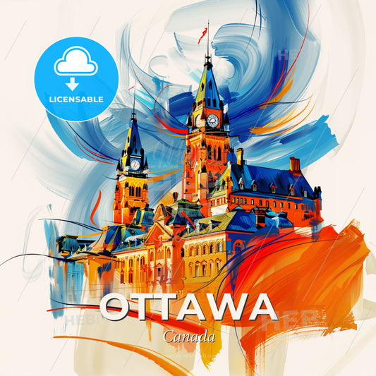 Vibrant Ottawa, Canada - A Painting Of A Building With A Clock Tower - Square format print template