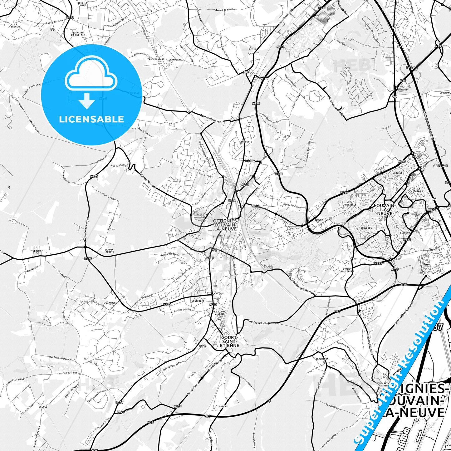 Ottignies-Louvain-la-Neuve, Belgium Light Map with Street Names, City Names, and Districts