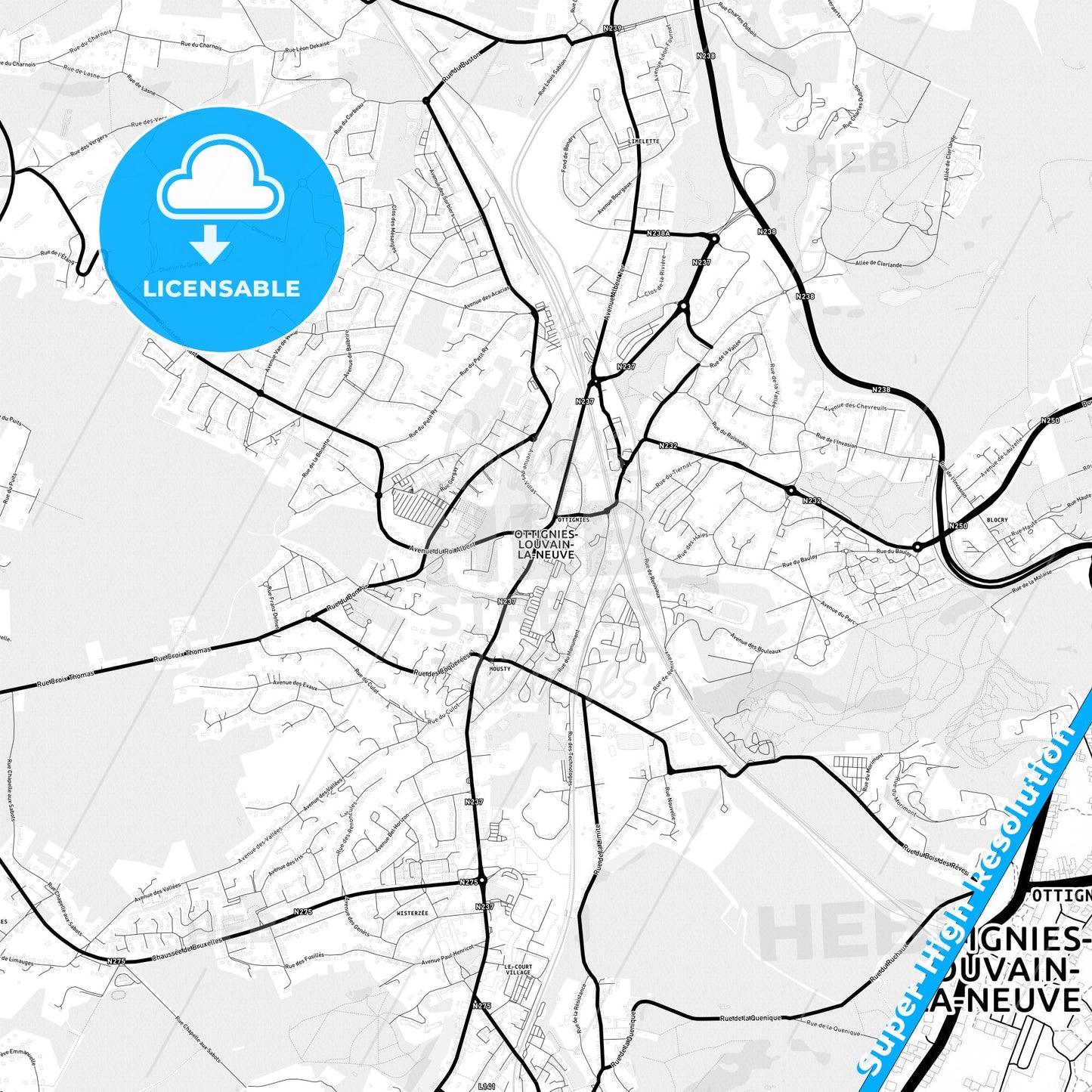 Ottignies-Louvain-la-Neuve, Belgium Light Map with Street Names, City Names, and Districts
