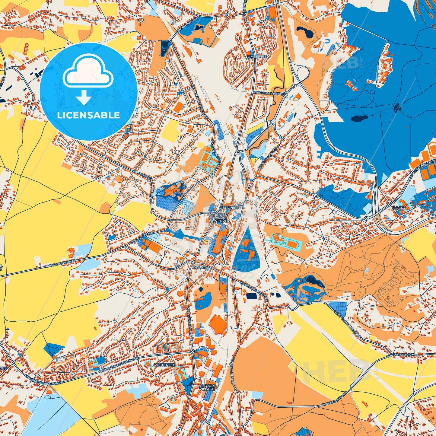 Colorful Ottignies-Louvain-la-Neuve Street Map with Labels and Buildings