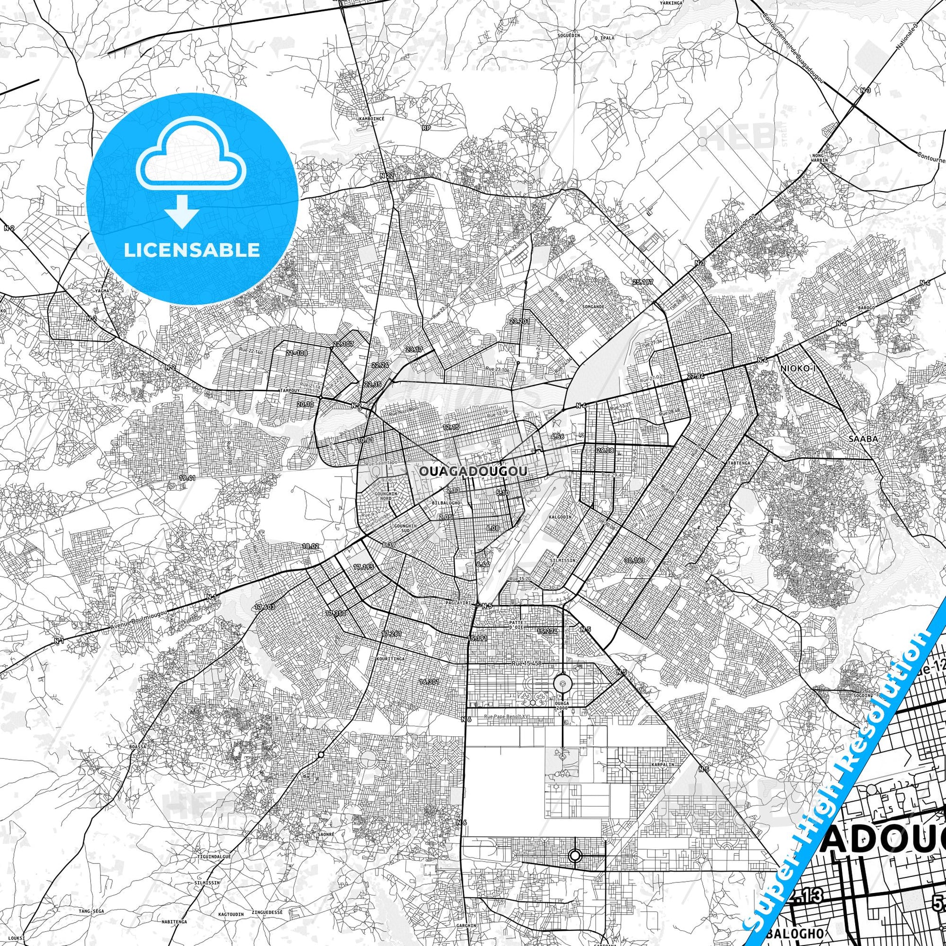 Ouagadougou, Burkina Faso light map with streetnames, citynames and districts