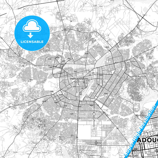 Ouagadougou, Burkina Faso light map with streetnames, citynames and districts