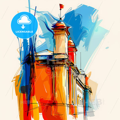 Vibrant Ouagadougou, Burkina Faso - A Drawing Of A Building With A Flag On Top