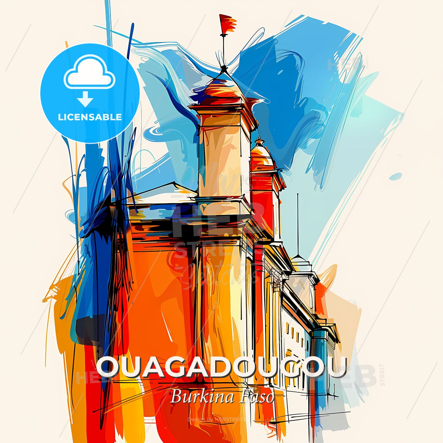 Vibrant Ouagadougou, Burkina Faso - A Drawing Of A Building With A Flag On Top - Square format print template