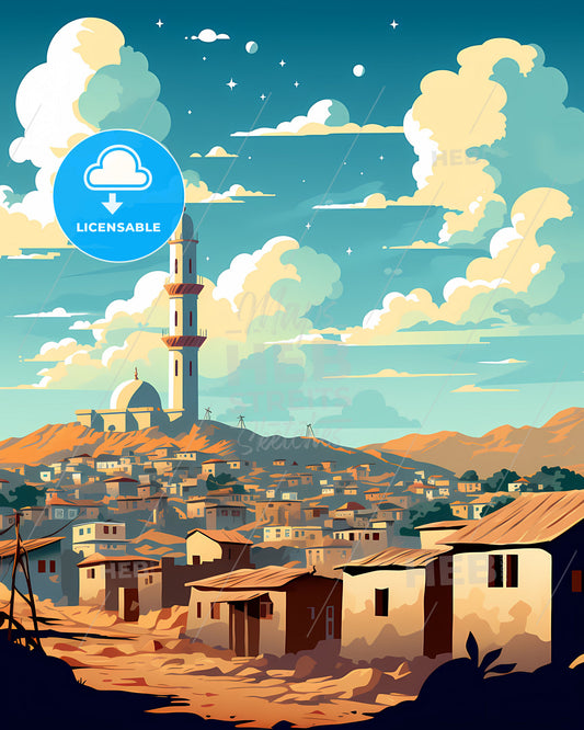 Vibrant Cityscape Painting of Ouagadougou Burkina Faso Skyline with Tower