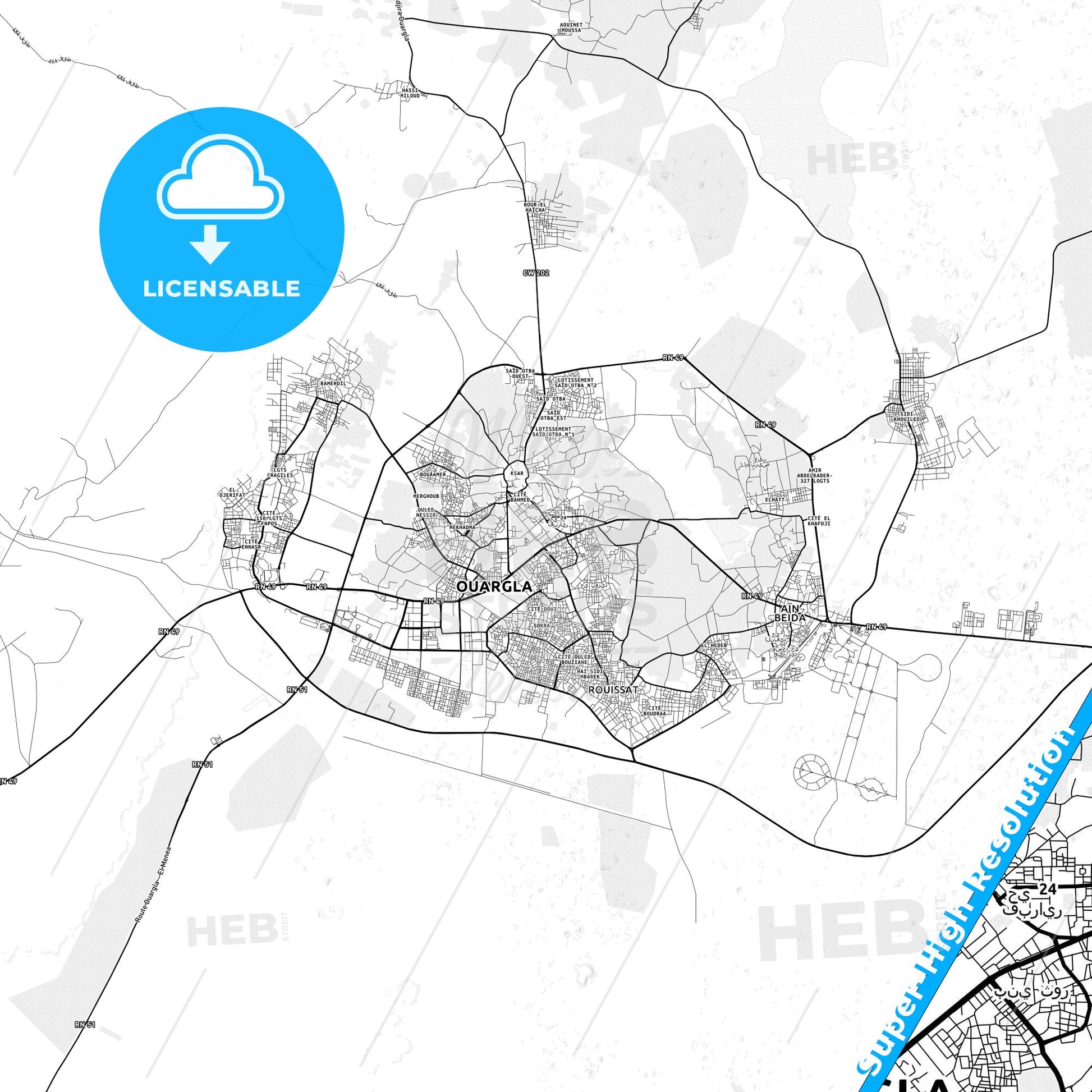 Ouargla, Algeria light map with streetnames, citynames and districts