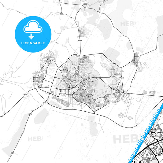 Ouargla, Algeria light map with streetnames, citynames and districts