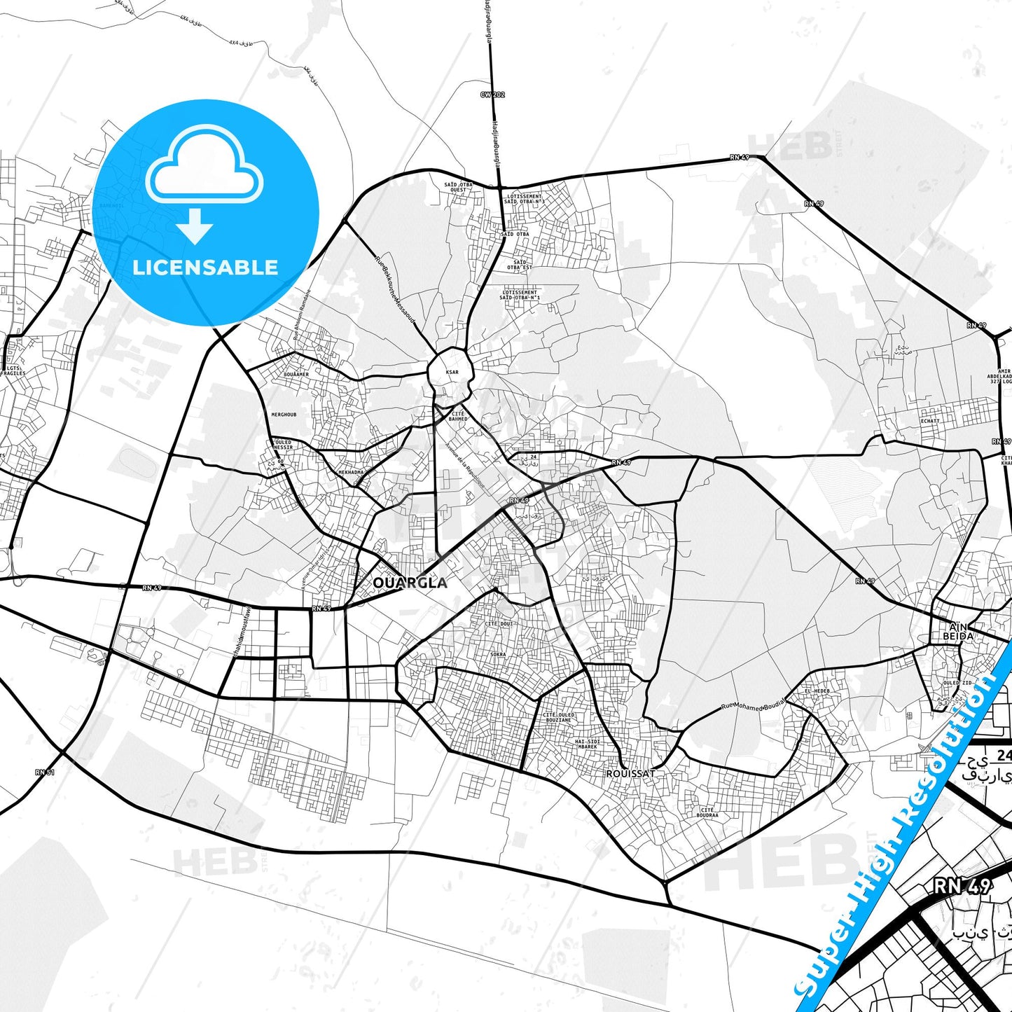 Ouargla, Algeria Light Map with Street Names, City Names, and Districts