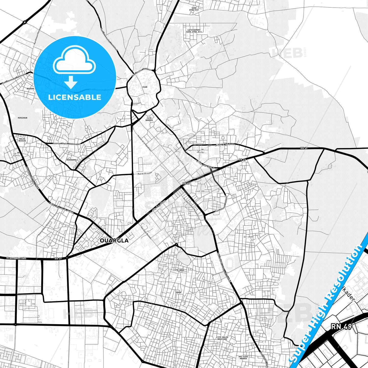 Ouargla, Algeria Light Map with Street Names, City Names, and Districts