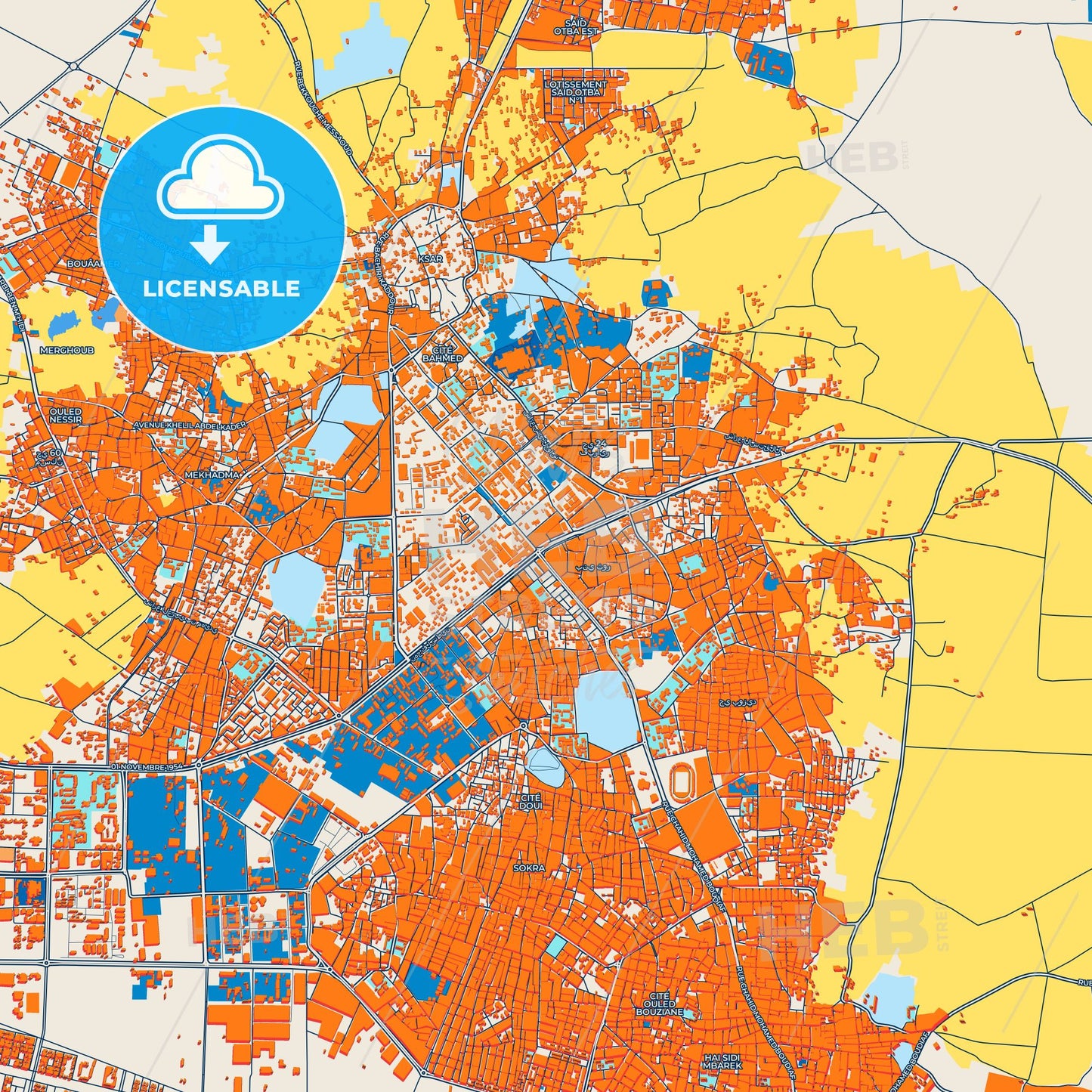 Colorful Ouargla Street Map with Labels and Buildings