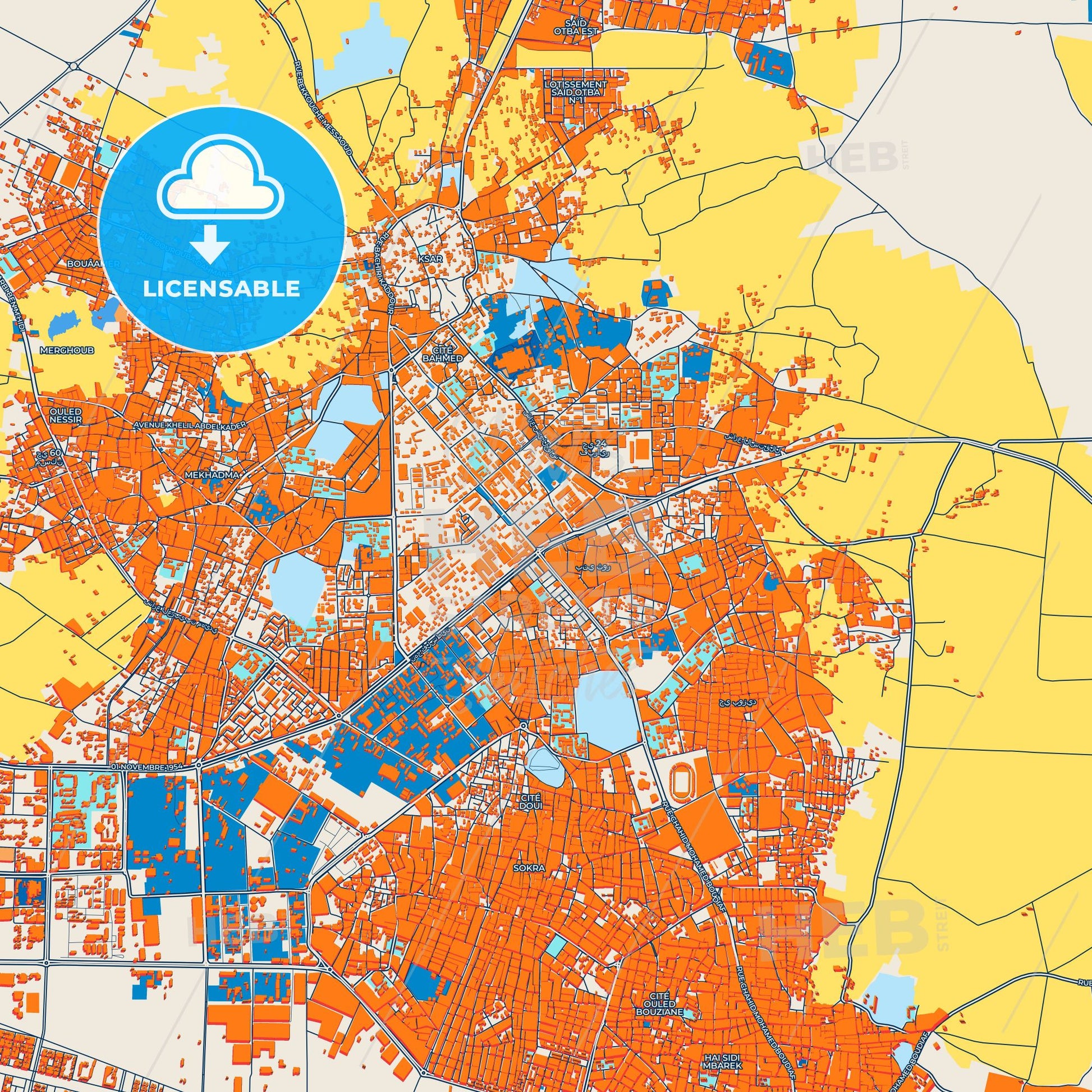 Colorful Ouargla Street Map with Labels and Buildings