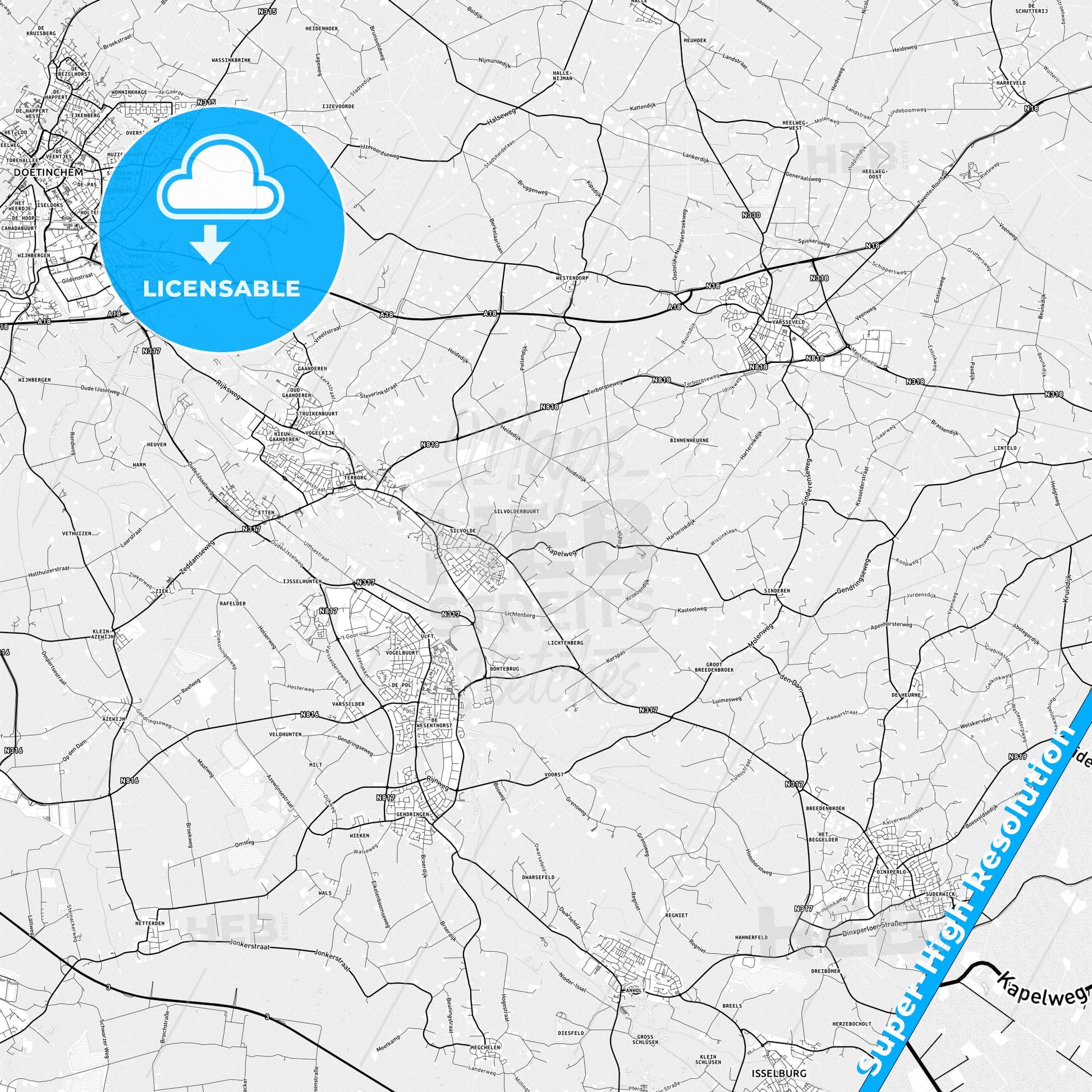 Oude IJsselstreek, Netherlands light map with streetnames, citynames and districts