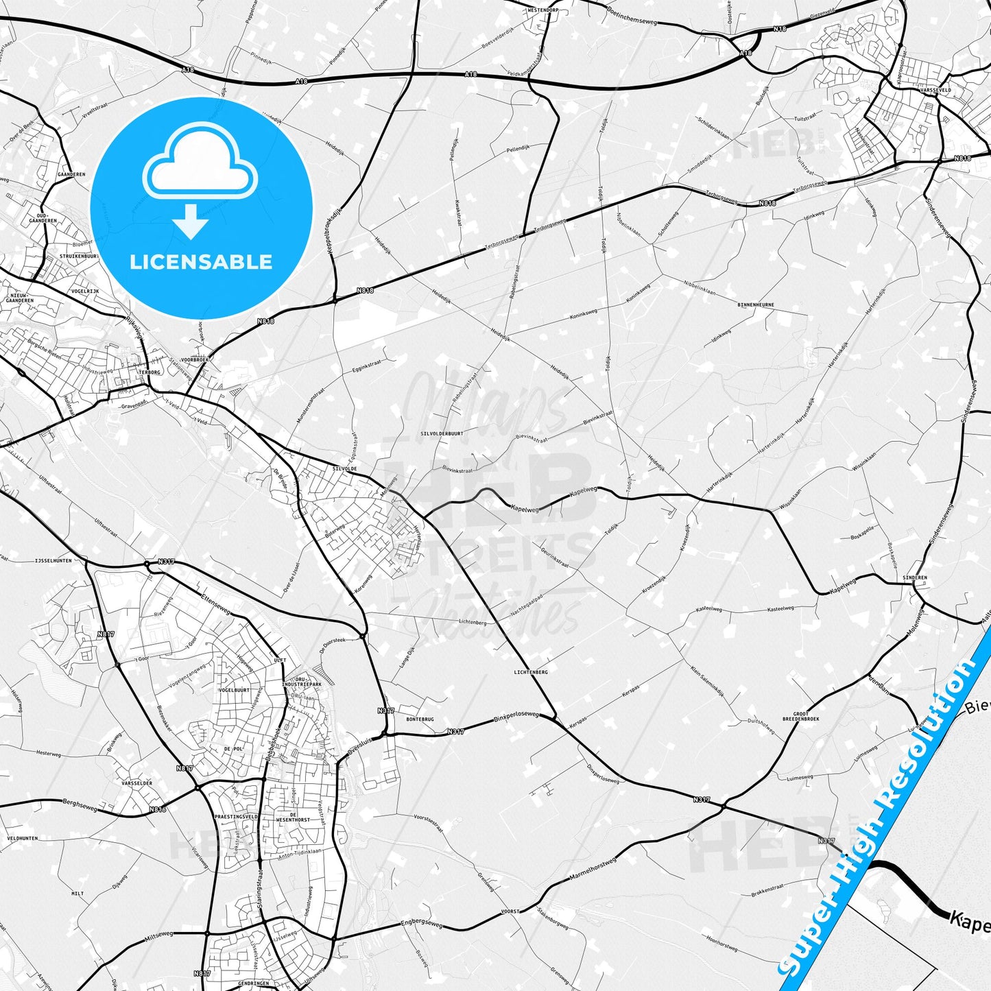 Oude IJsselstreek, Netherlands Light Map with Street Names, City Names, and Districts