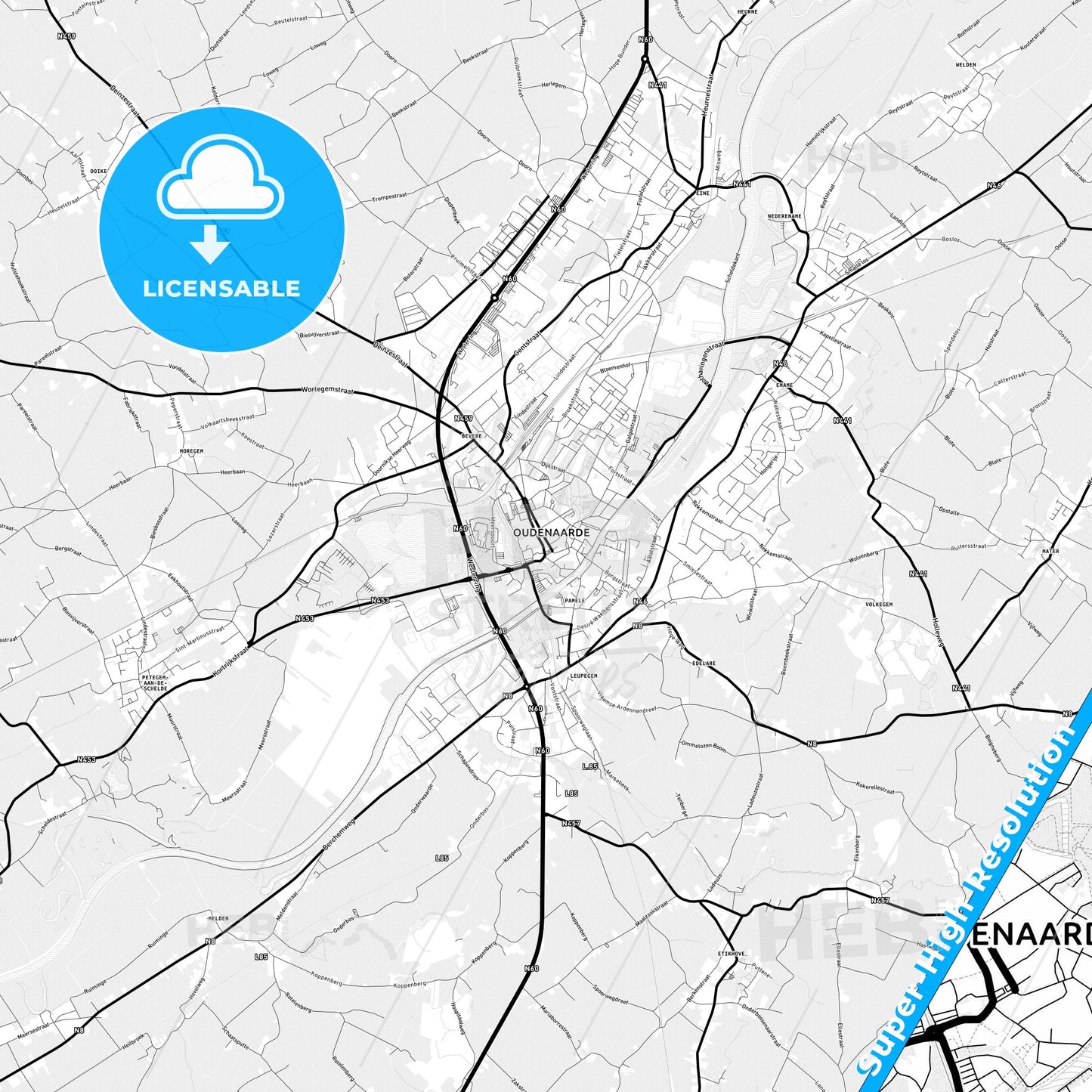 Oudenaarde, Belgium Light Map with Street Names, City Names, and Districts