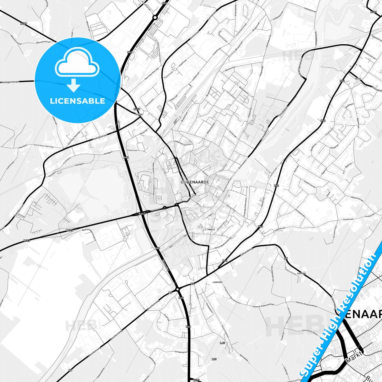 Oudenaarde, Belgium Light Map with Street Names, City Names, and Districts