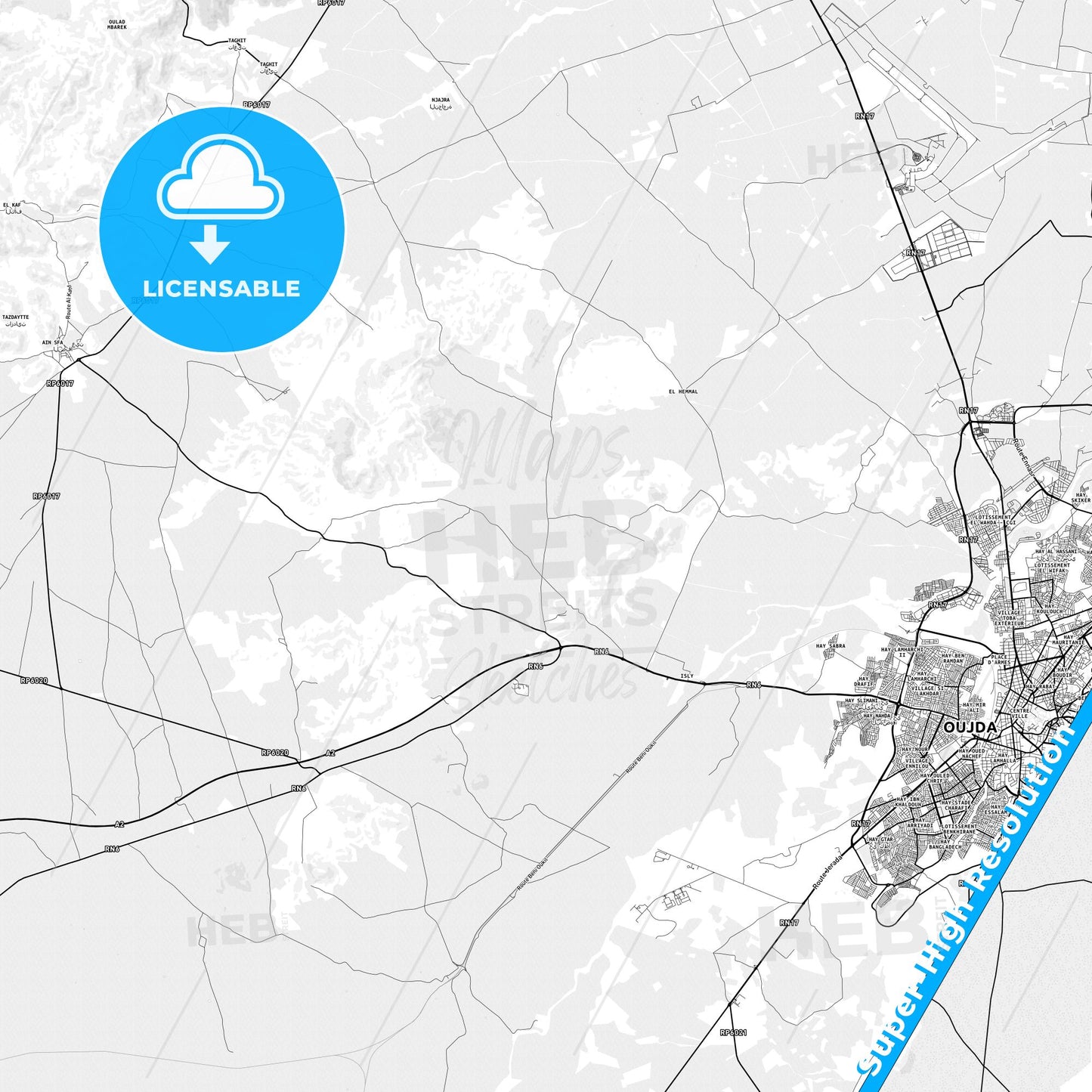 Oujda-Angad, Morocco light map with streetnames, citynames and districts