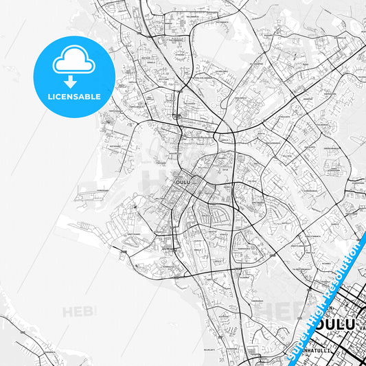 Oulu, Finland light map with streetnames, citynames and districts