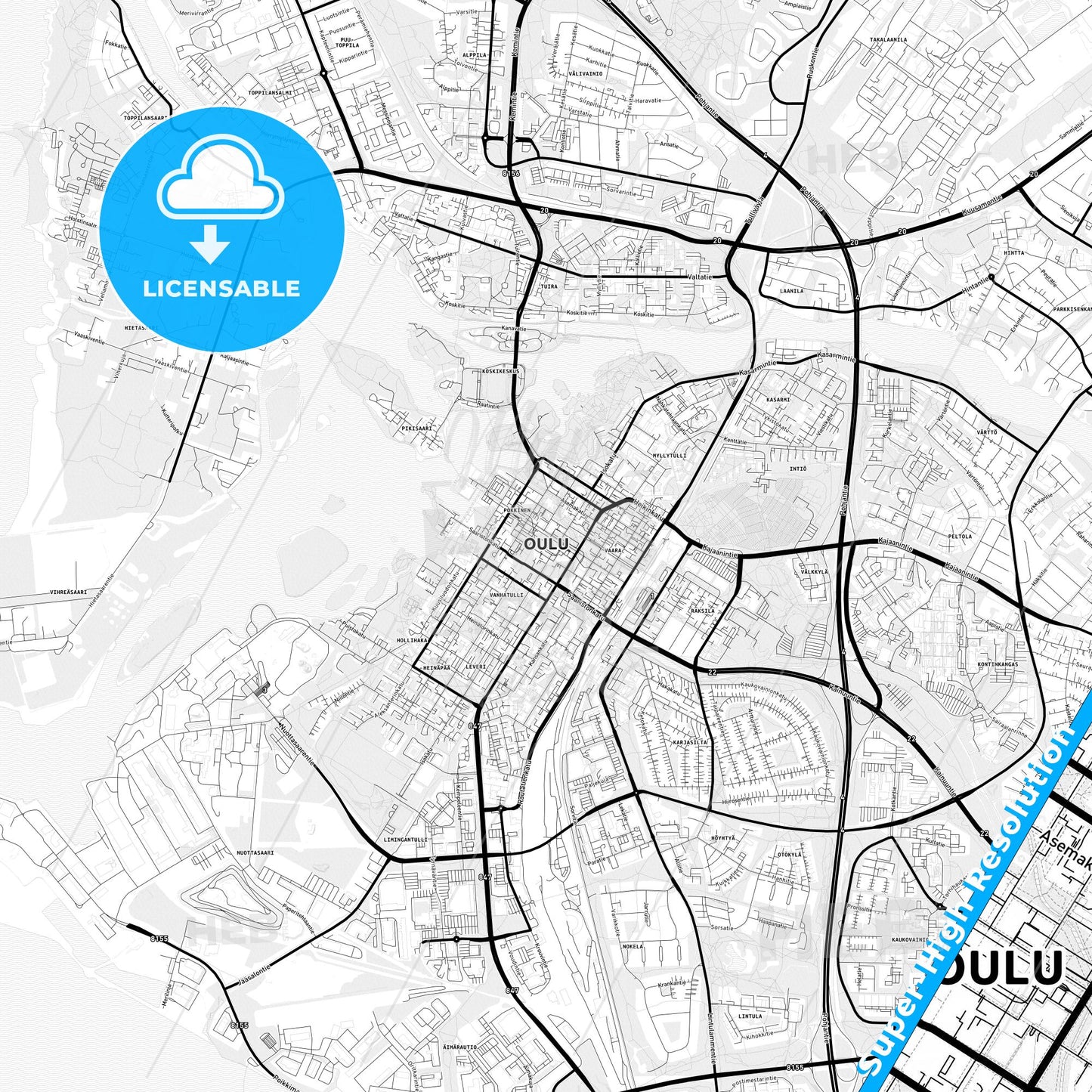 Oulu, Finland Light Map with Street Names, City Names, and Districts