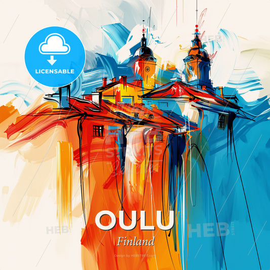 Vibrant Oulu, Finland - A Painting Of Buildings With Towers And Spires - Square format print template