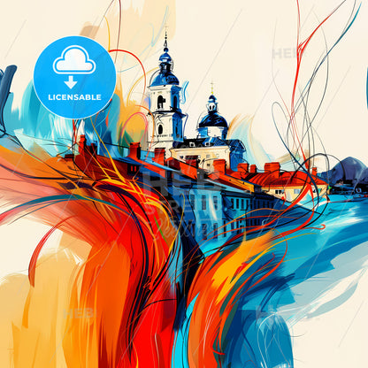 Vibrant Oulu, Finland - A Painting Of A Building With Colorful Swirls