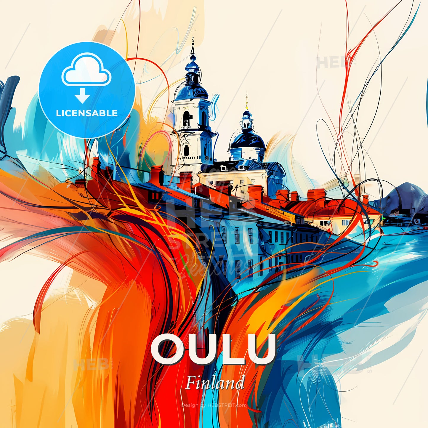 Vibrant Oulu, Finland - A Painting Of A Building With Colorful Swirls - Square format print template