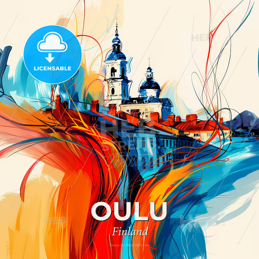 Vibrant Oulu, Finland - A Painting Of A Building With Colorful Swirls - Square format print template