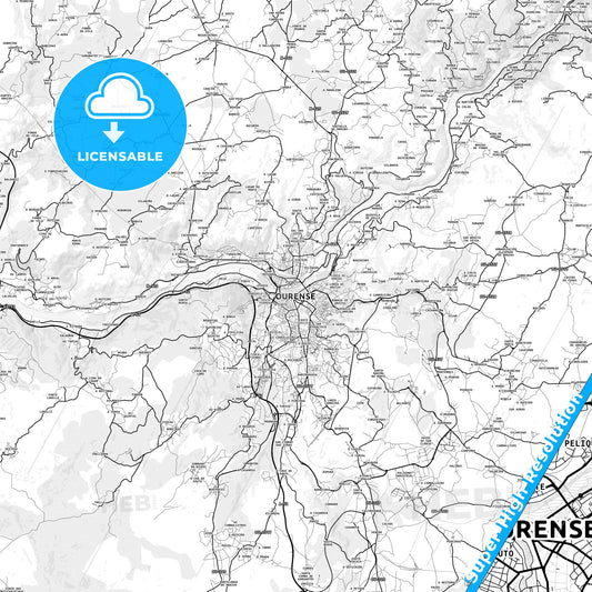 Ourense, Spain light map with streetnames, citynames and districts